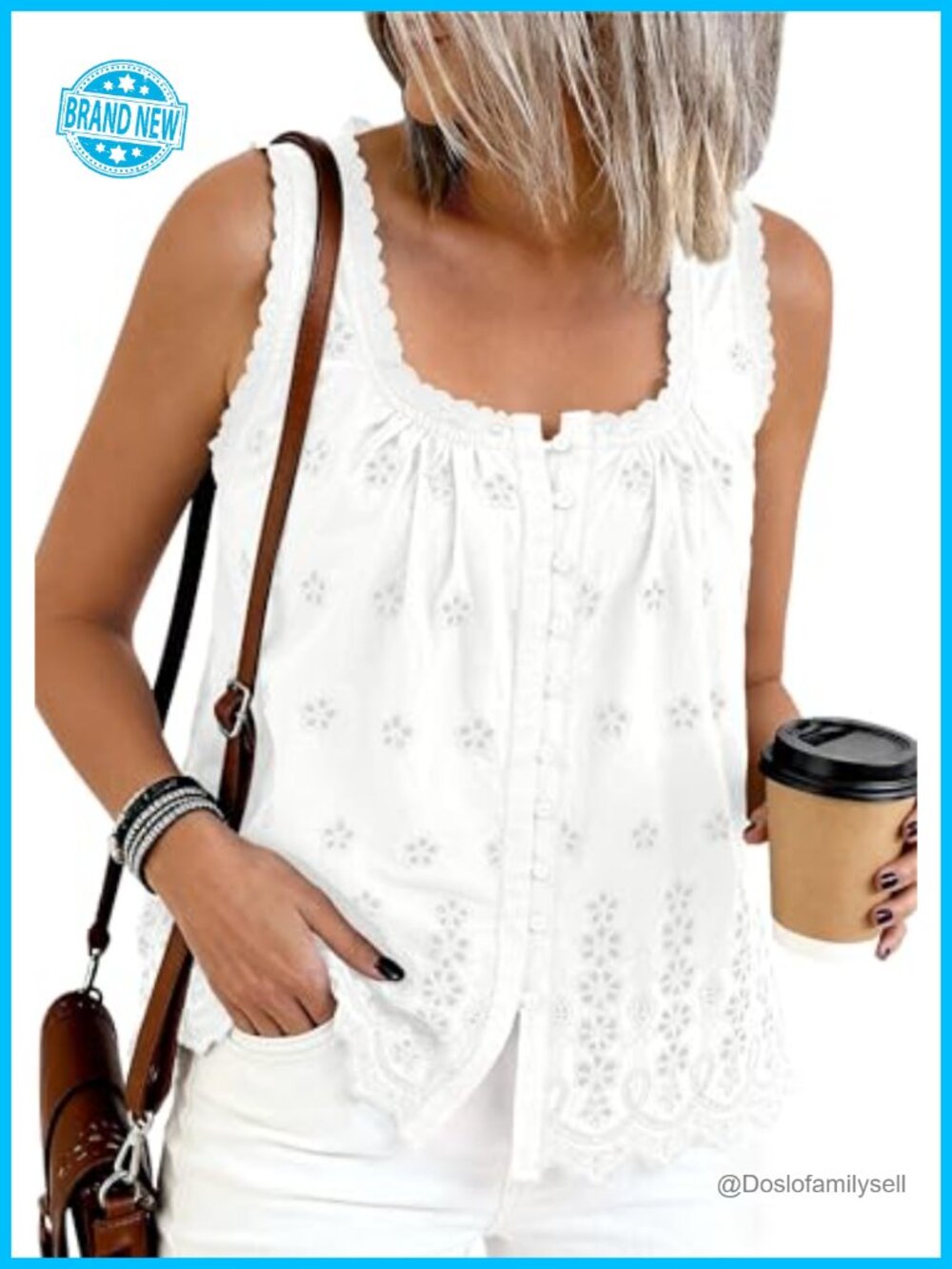 Women's Lace Eyelet Embroidered Square Neck Button Down Tank Top